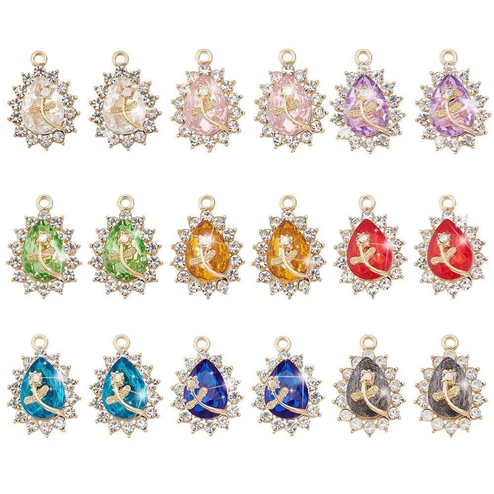7182 18pcs 9 Colors Teardrop Charms, 31x22mm Golden Glass Rhinestone